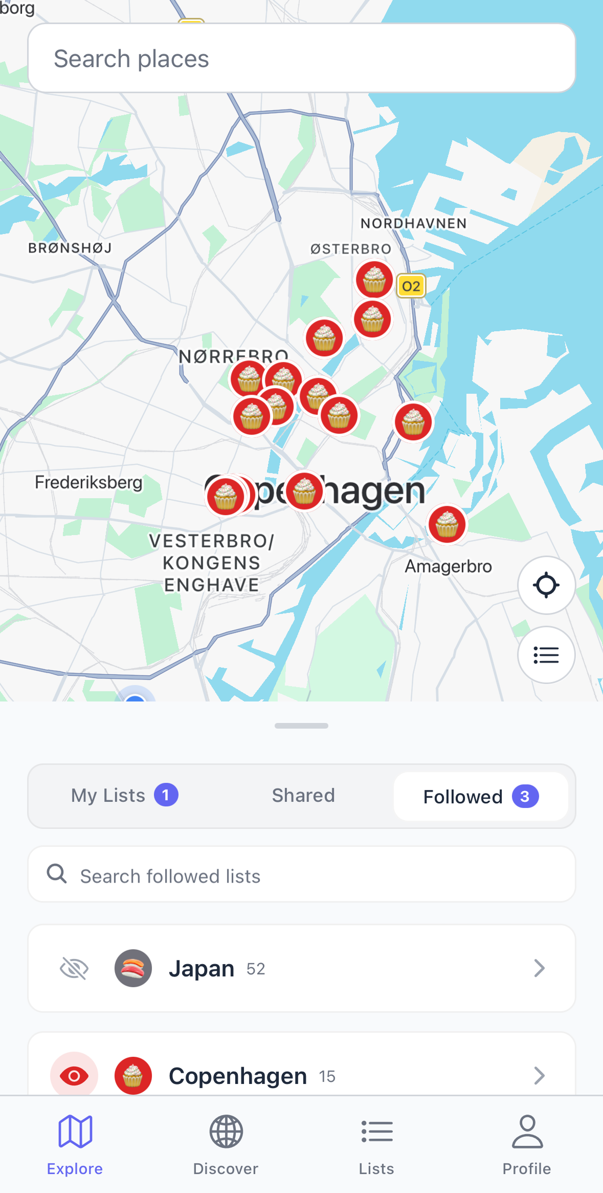 Explore tab showing map view with pins
