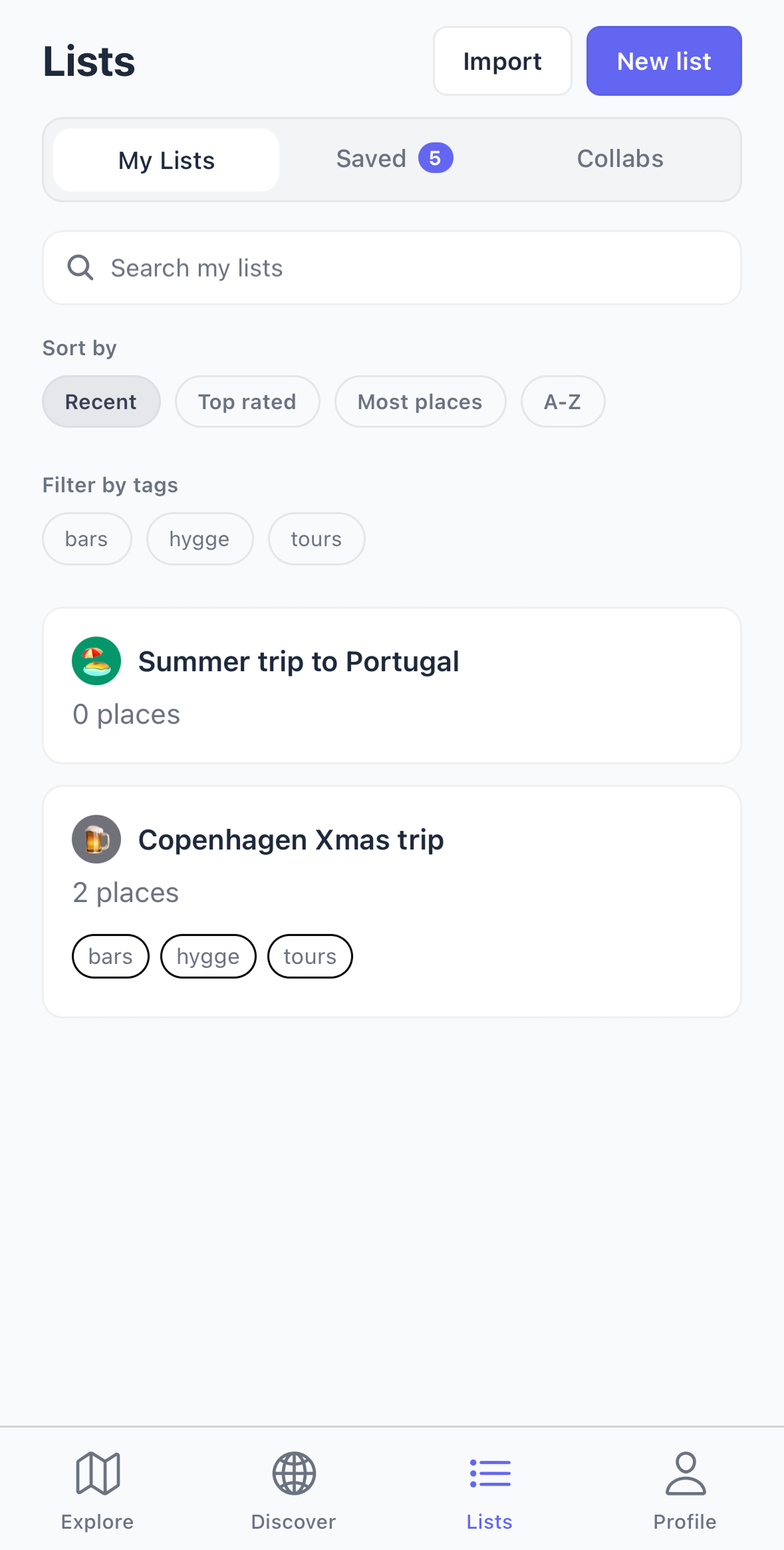 Lists tab showing user's saved lists